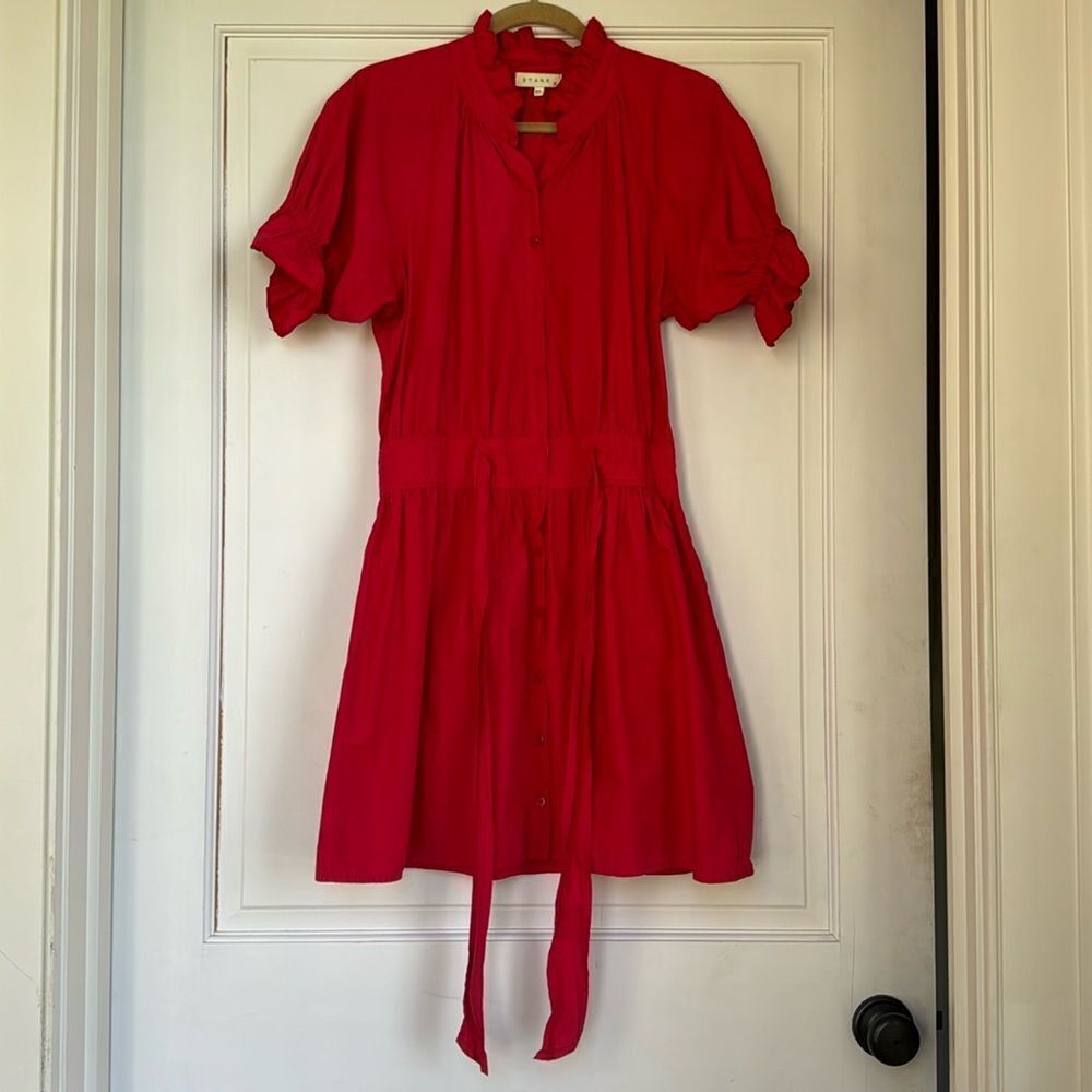 New Without Tag Red Cotton Puff Sleeve Drop Waist Dress With Sash By Stark